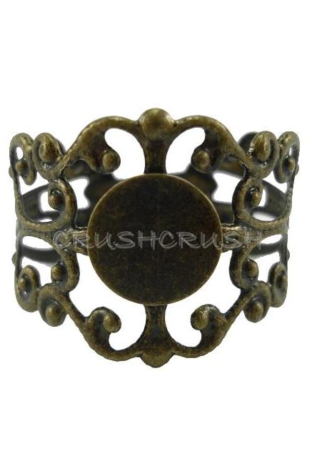  10pcs Antique Brass Filigree Adjustable Ring Blank Findings With Pad 8mm C49