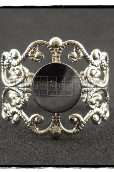  10pcs Silver Filigree Adjustable Ring Blank Findings With Pad 8mm C55
