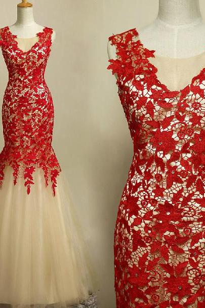 Hot Sale Red Lace Long Prom Dresses, Sexy Mermaid Evening Dresses ,2016 Sleeveless Floor Length Formal Dresses