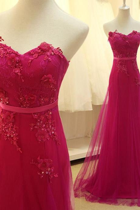 Pretty Rose-red Chiffon Long Prom Dress, With Applique Evening Gowns ,delicate Formal Dresses