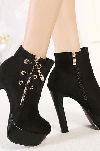 Black Side Zip Chunky High Heel Ankle Boots 