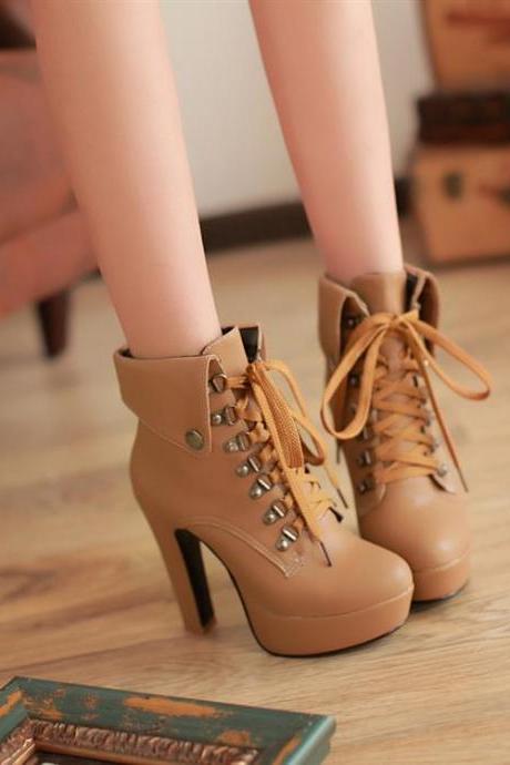 Winter Round Toe Stiletto High Heel Lace Up Ankle Apricot Martens Boots