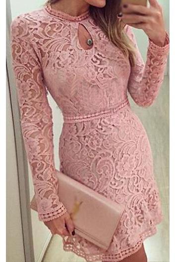 Elegant Keyhole Neckline Lace Mini Dress - Pink