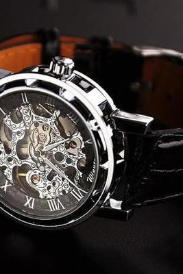 Black Watch Mens Mechanical Wristwatch Mens Leather Watch