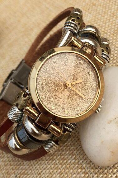 Fashion Womens Diamond Watch Leather Wrap Bracelet Watch Beaded Watch