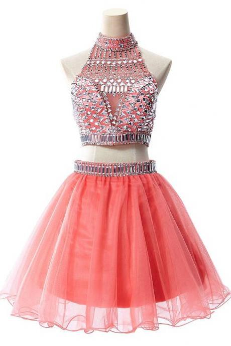 Halter Homecoming Dress TULLE PROM DRESS Coral red Beading Two pieces SHORT DRESSES MINI New Arrival PARTY DRESSES
