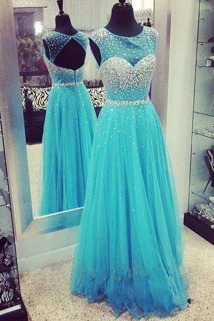 2017 Luxury Eveing Dresses Sexy Chiffon Tulle A-line Prom Dress Long A-line Dresses Blue Evening Party Dresses