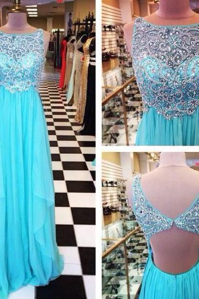 High Quality A-LINE Chiffon Beading Eveing dresses Backless BLUE PROM DRESS LONG DRESSES PARTY DRESSES