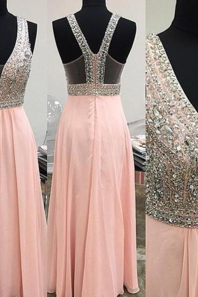 High Quality A-line Chiffon Sequined Prom Dress V-neck Beading Eveing Dresses Backless Pink Prom Dress Long Dresses Party Dresses