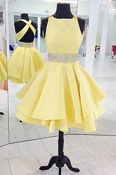 Round Neck Yellow Homecoming Dress Women Beading Short Prom Dress