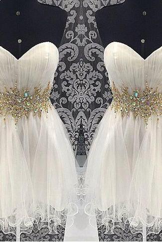 A Line Short Sweetheart Neckline White Prom Dresses, Formal Dresses,beading Homecoming Dress