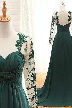 Handmade Long Sleeve Prom Dress ,pleated Dark Green Long Sleeve Bridesmaid Dresses ,party Dresses, Evening Dresses