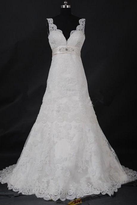 Custom 2016 Elegant Modest A Line V Neck Long White/ivory Beading Backless, Cap Shoulder Wedding Dress, Prom / Evening Dress Bridal Gown
