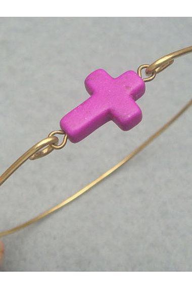 Purple Turquoise Cross Brass Bangle Bracelet