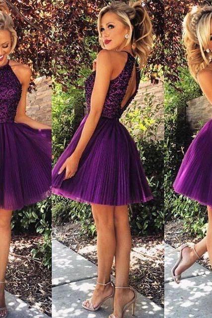 Custom Made Round Neck Short Purple Prom Dresses, Short Homecoming Dresses, Dresses For Prom