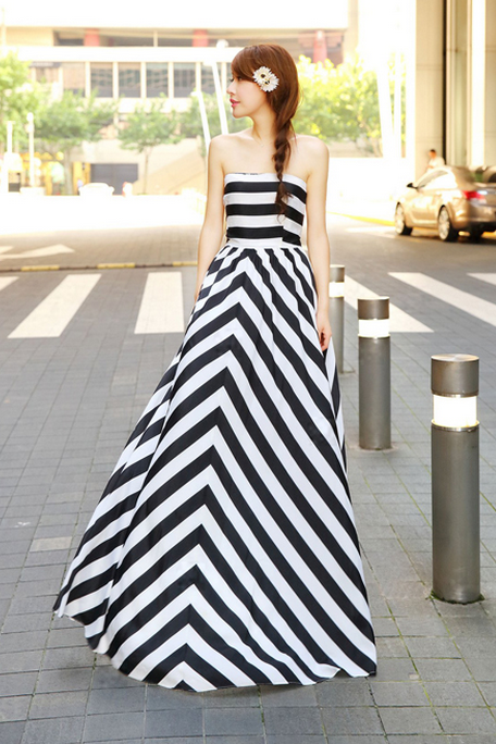 Cute strapless stripe long dress