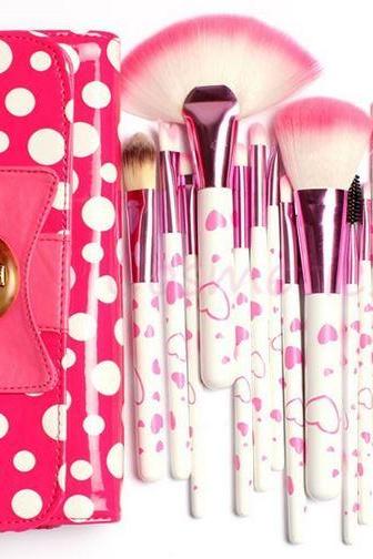 18 Piece Makeup Brush Set In Bow-Knot Polka Dot Pink Bag