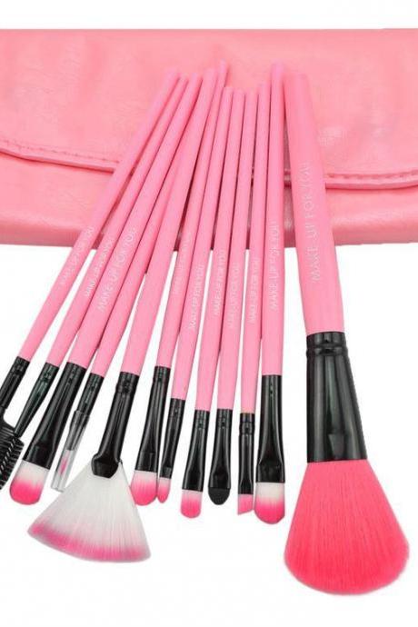High Quality 12 Pcs Professioal Makeup Brush Set With Black Leather Case - Pink