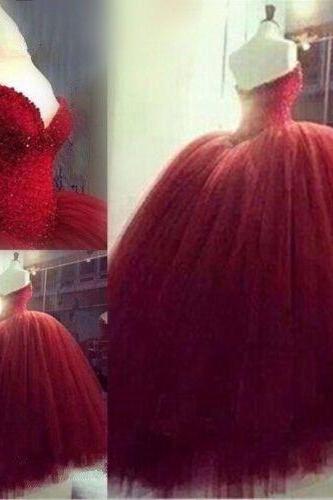 Burgundy Red Beaded Quinceanera Formal Prom Party Ball Gown Wedding Dresses Custom Size