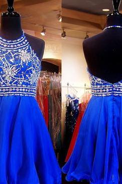 Halter High Neck Homecoming Dress Royal Blue Chiffon Beaded Bodice Mini Length Homecoming Dress,short/mini Homecoming Dress