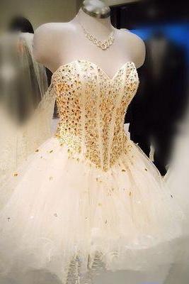 White Homecoming Dress, Short Prom Gown, Tulle Homecoming Gowns, Princess Party Dress, Prom Dresses, With Gold Beading Homecoming Dress For Teens