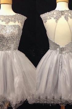 Homecoming Dresses, 2015 Modest Silver Gray Homecoming Gown, Grey Tulle Homecoming Gowns, With Open Back Sequins Party Dress, Backless Prom
