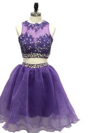 Grape Homecoming Dress, 2 Piece Homecoming Dresses, Beading Homecoming Gowns ,Short Prom Gown, Modest Sweet 16 Dress, Lace Homecoming Dress ,2 Pieces Cocktail Dress ,Two Pieces Evening Gowns