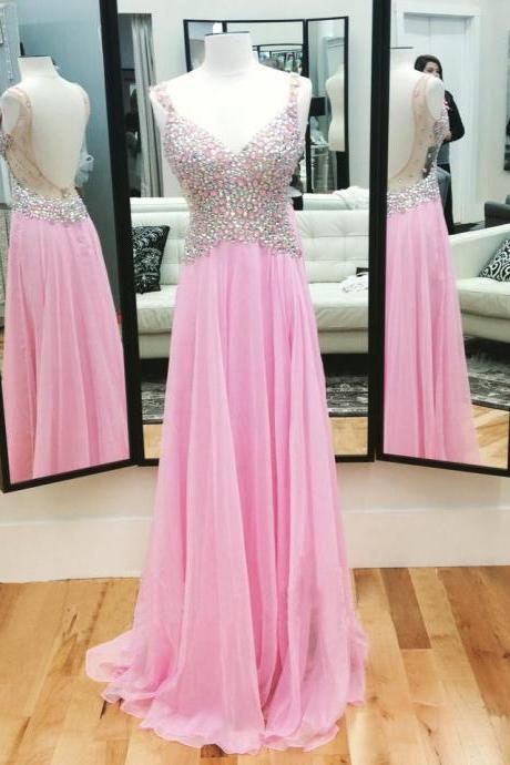 V-neck Prom Dress Pink Rhinestone Prom Dress Popular Prom Dress Backless Prom Dress Evening Dress 2015 Unique Prom Dress