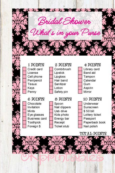 Bridal game Whats on your purse / pink damask /black / printable / diy