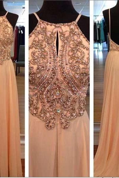 Light Peach Long Prom Dresses, Straps Prom Gowns,Beaded Evening Dresses, Backless Evening Gowns, Cocktail Dresses Custom