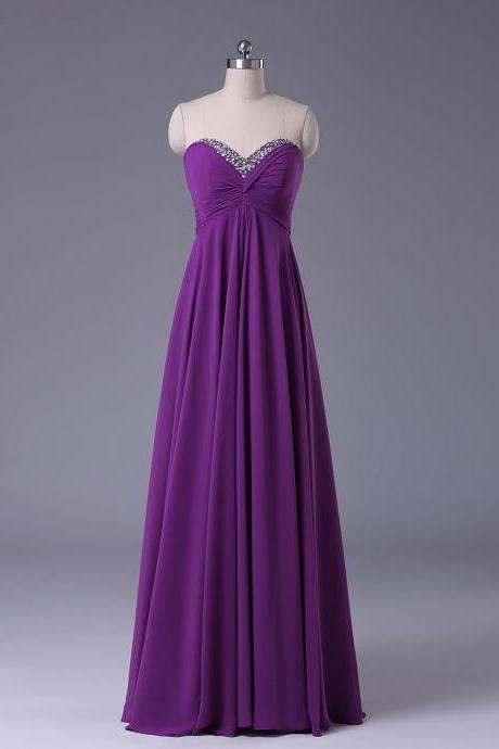 Custom Made Purple Sweetheart Neckline Ruched Sequin A Line Chiffon Floor Length Guest Wedding Dress, Bridesmaid Dress