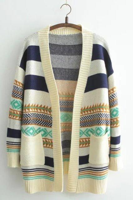 Loose striped long-sleeved knit cardigan sweater jacket WE91403PO