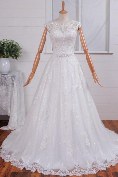 Vintage White/ivory Cap Sleeve Sweep Train Wedding Dress Handmade Appliqued Tulle A-line Bridal Gown
