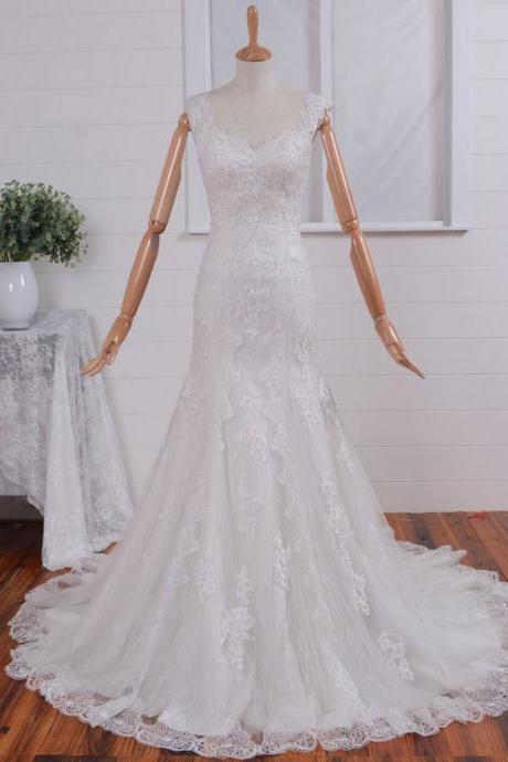 2015 Custom Make Lace Wedding Dress/V-Neck Wedding Gown/Mermaid Lace Wedding Gown/Formal Wedding Dress/High Quality Lace Wedding Gown