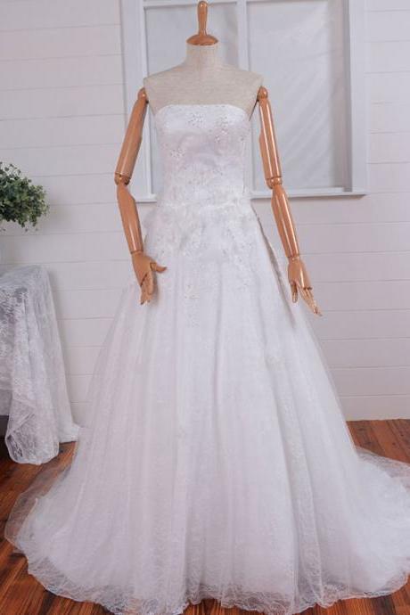 Simple Strapless Beaded Lace Tulle Ball Gown Wedding Dress, Simple Lace Tulle Wedding Dress Wedding Gown Bridal Dress 