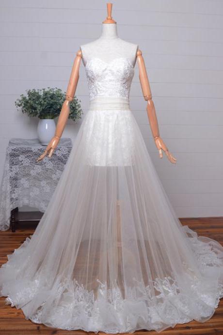 Popular Sweetheart Beaded Applique Short Wedding Dress with Long Detachable Tulle Skirt