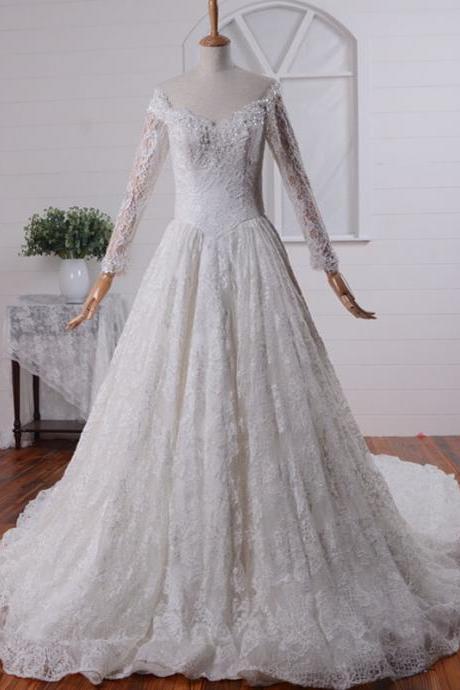 Sexy A-line Long Sleeves Lace Wedding Dress with Plunging V Neck | Backless Wedding Dress | Fit and Flare Wedding Dress