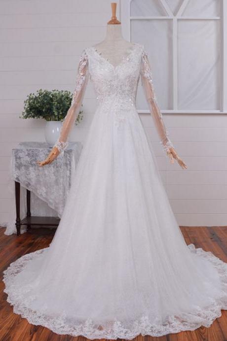 Most Beautiful Long Sleeve Illusion Back Mermaid Lace Tulle Wedding Dress, A-line Wedding Dress, Long Sleeve Wedding Gown