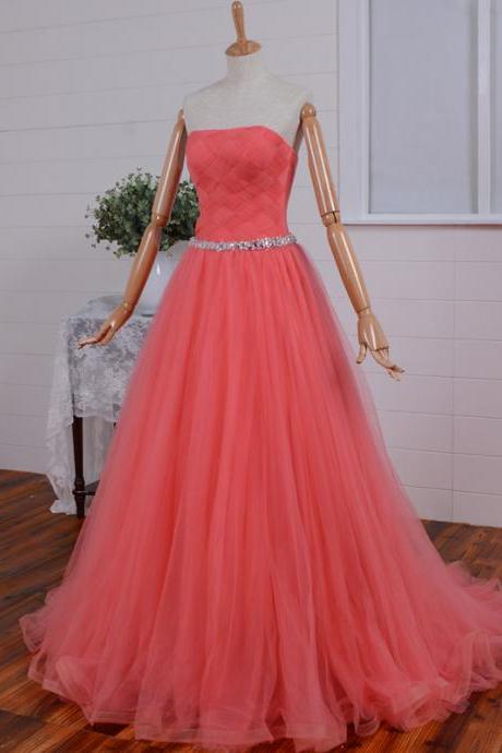 Best Selling Watermelon Red Sash Beaded sweetheart long Prom dress/formal dress/prom dresses 2015/party dress/Tulle A-Line Long Dress