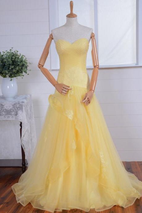Sweetheart Long Prom Dress,yellow Long Prom Dress,handmade Applique Lace Formal Women Dress,wedding Party Dresses,lace Up Back Long Prom