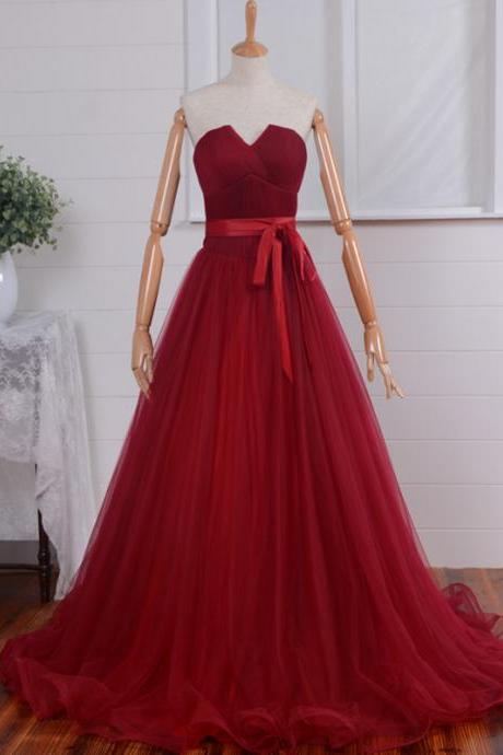 Long Bridesmaid Dress, Ball Gown Wedding Party Dresses, Strapless/v-neck/ Burgundy Tulle Prom Dresses, Formal Gown