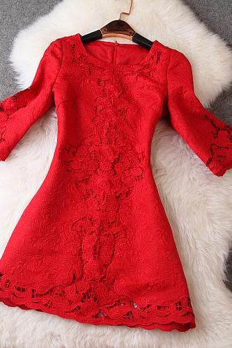 Embroidered Crochet Short Dress In Red