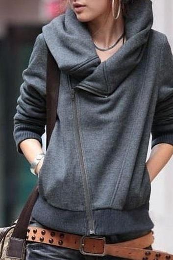 Fashion Oblique Zipper Long-Sleeved Jacket