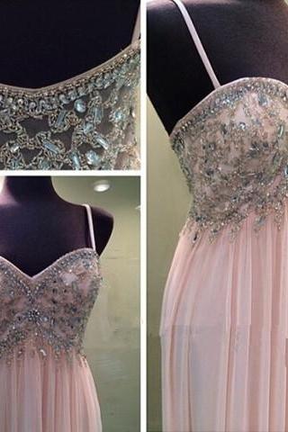 Pretty Pink Straps Handmade Beadings Floor Length Prom Dresses 2015, Pink Prom Dresses Pink Formal Gowns Evening Dresses