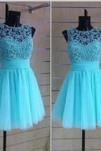 Mint Tulle Dress With Pearl,o-neck Sleeveless Knee Length Formal Cocktail Dress,most Popular Graduation Dress Sexy Homecoming Dresses