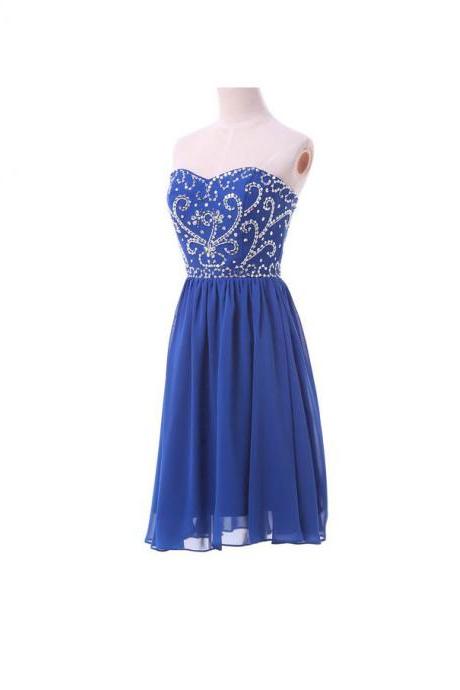 Fashional Elegat Royal Blue Sweetheart Embroidery And Beaded Short Prom Homecoming Dress,lace Up Back Chiffon Dress Prom Knee Length Formal Party
