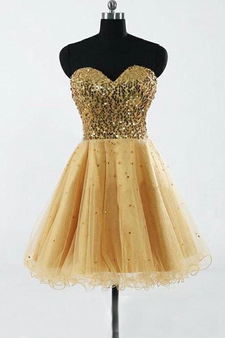 Fashion Sweetheart Gold Tulle And Sequins Short Dress Prom Knee Length Sexy Evening Dress Short