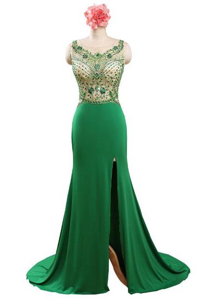 2015 Scoop Sleeveless Mermaid Chiffon Sheer Top Crystals Beading See Through Green Prom Dress Leg Slit Fast Ships