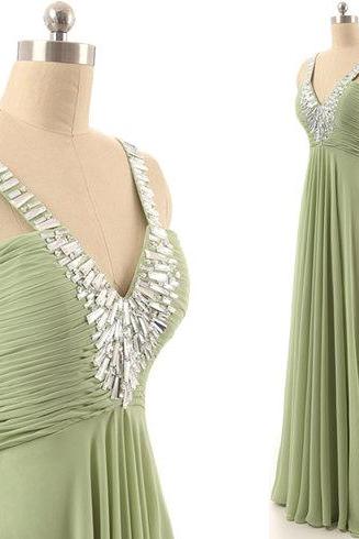 V-neck Green Long Prom Dress/a-line Floor Length Chiffon Prom Dress/zipper/lace-up Bridesmaid Dresses/prom Dresses/long Chiffon Dresses