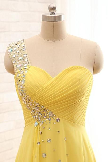 Elegant One Shoulder Yellow Chiffon Beaded Pleat Long Party Dress,bridesmaid Dresses